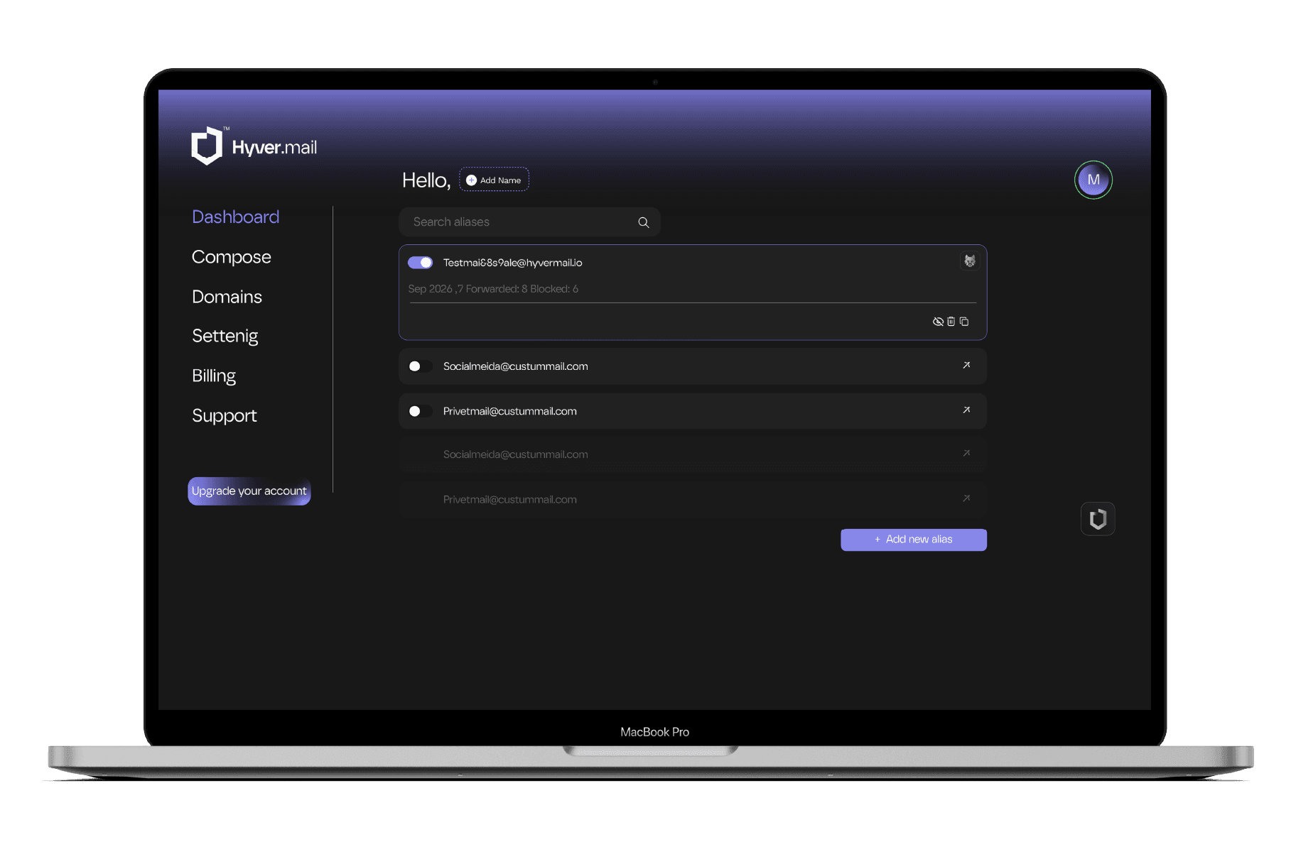 HyverMail alias dashboard displayed on a laptop