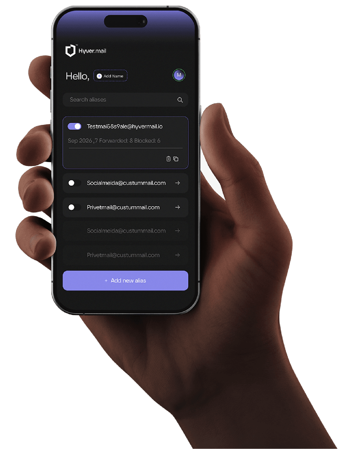 HyverMail mobile dashboard on a phone held in hand